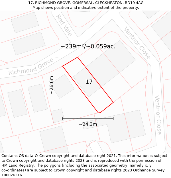 17, RICHMOND GROVE, GOMERSAL, CLECKHEATON, BD19 4AG: Plot and title map