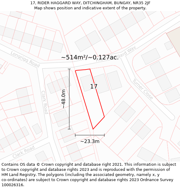 17, RIDER HAGGARD WAY, DITCHINGHAM, BUNGAY, NR35 2JF: Plot and title map