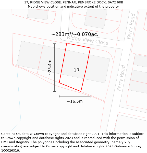 17, RIDGE VIEW CLOSE, PENNAR, PEMBROKE DOCK, SA72 6RB: Plot and title map