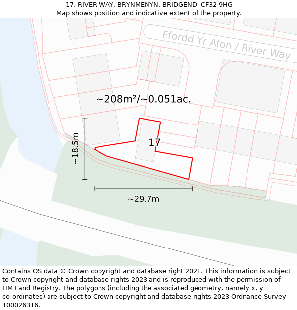 17, RIVER WAY, BRYNMENYN, BRIDGEND, CF32 9HG: Plot and title map