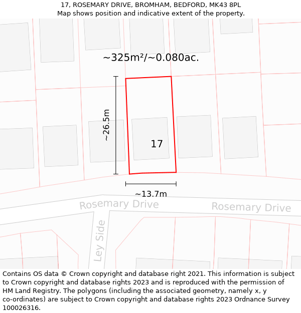 17, ROSEMARY DRIVE, BROMHAM, BEDFORD, MK43 8PL: Plot and title map