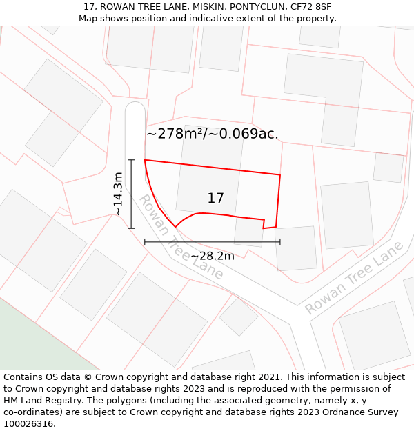 17, ROWAN TREE LANE, MISKIN, PONTYCLUN, CF72 8SF: Plot and title map