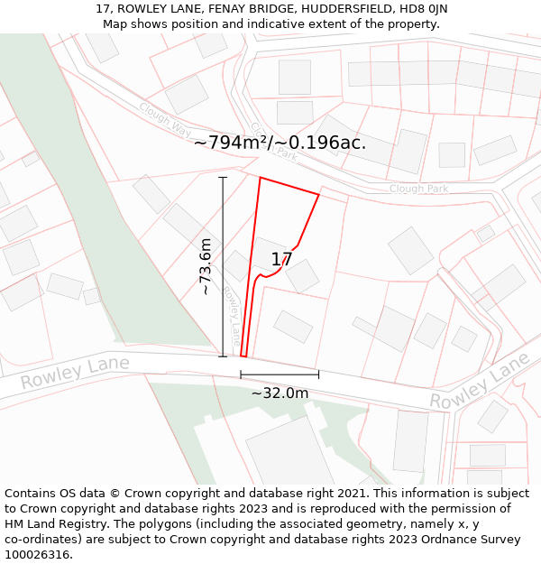 17, ROWLEY LANE, FENAY BRIDGE, HUDDERSFIELD, HD8 0JN: Plot and title map