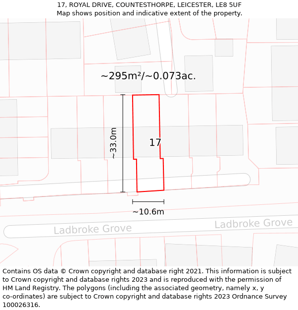 17, ROYAL DRIVE, COUNTESTHORPE, LEICESTER, LE8 5UF: Plot and title map