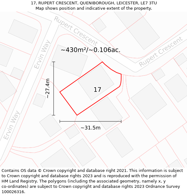 17, RUPERT CRESCENT, QUENIBOROUGH, LEICESTER, LE7 3TU: Plot and title map