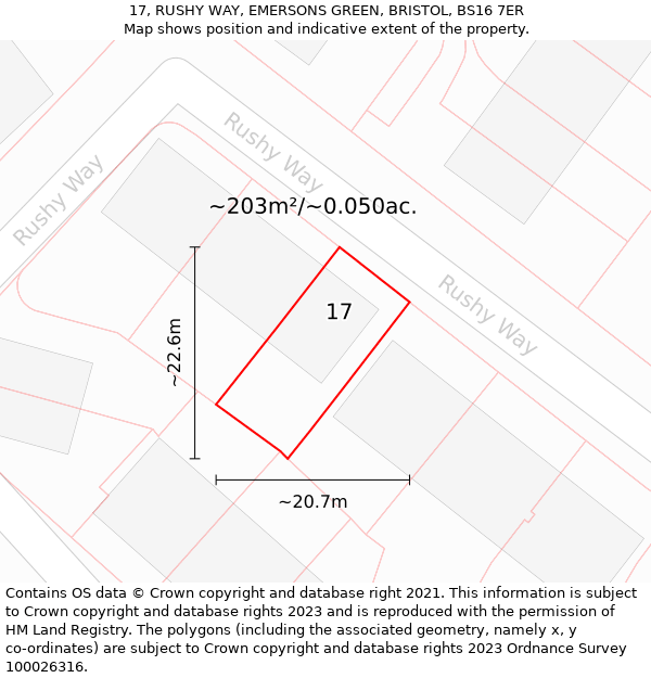 17, RUSHY WAY, EMERSONS GREEN, BRISTOL, BS16 7ER: Plot and title map