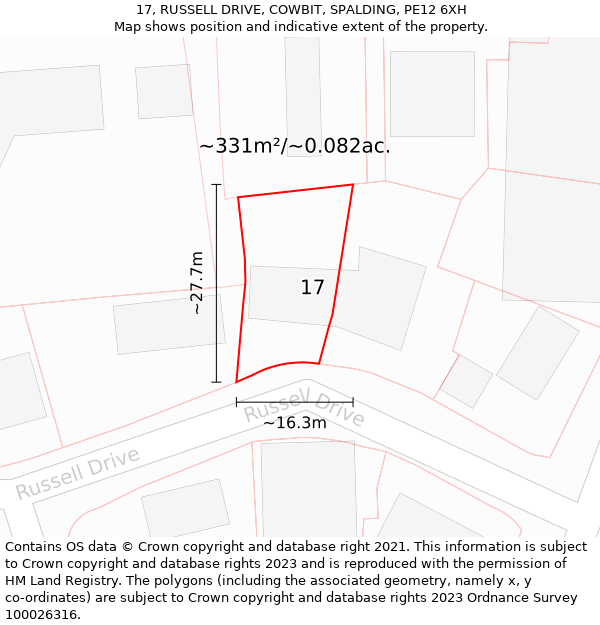 17, RUSSELL DRIVE, COWBIT, SPALDING, PE12 6XH: Plot and title map