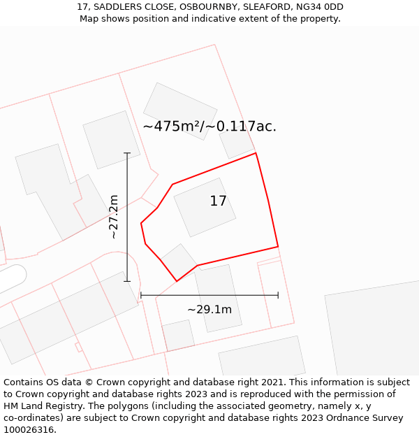 17, SADDLERS CLOSE, OSBOURNBY, SLEAFORD, NG34 0DD: Plot and title map