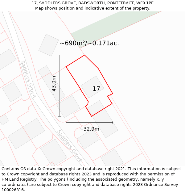 17, SADDLERS GROVE, BADSWORTH, PONTEFRACT, WF9 1PE: Plot and title map