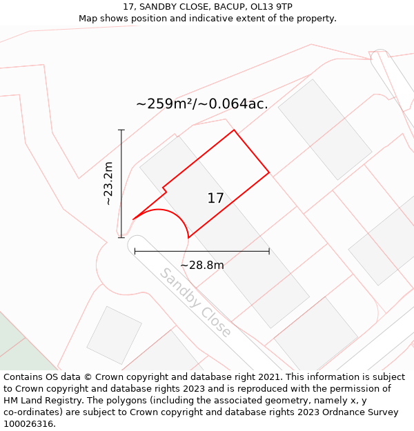 17, SANDBY CLOSE, BACUP, OL13 9TP: Plot and title map