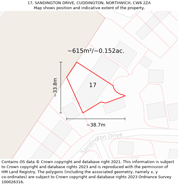 17, SANDINGTON DRIVE, CUDDINGTON, NORTHWICH, CW8 2ZA: Plot and title map