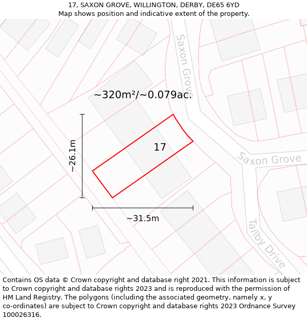 17, SAXON GROVE, WILLINGTON, DERBY, DE65 6YD: Plot and title map