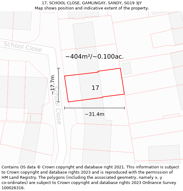 17, SCHOOL CLOSE, GAMLINGAY, SANDY, SG19 3JY: Plot and title map