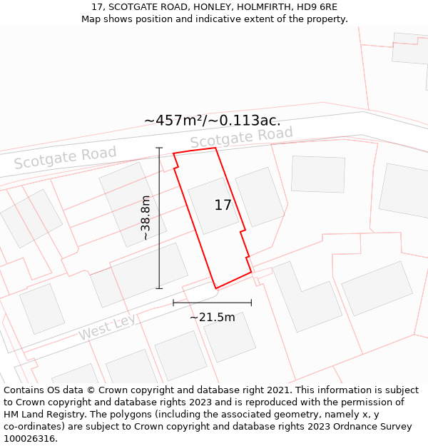 17, SCOTGATE ROAD, HONLEY, HOLMFIRTH, HD9 6RE: Plot and title map