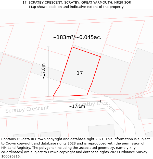 17, SCRATBY CRESCENT, SCRATBY, GREAT YARMOUTH, NR29 3QR: Plot and title map