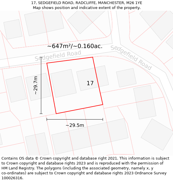 17, SEDGEFIELD ROAD, RADCLIFFE, MANCHESTER, M26 1YE: Plot and title map