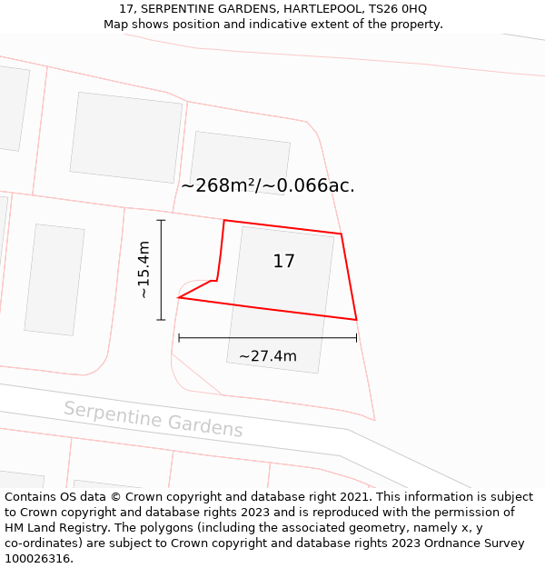 17, SERPENTINE GARDENS, HARTLEPOOL, TS26 0HQ: Plot and title map