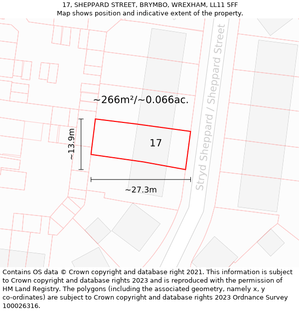 17, SHEPPARD STREET, BRYMBO, WREXHAM, LL11 5FF: Plot and title map