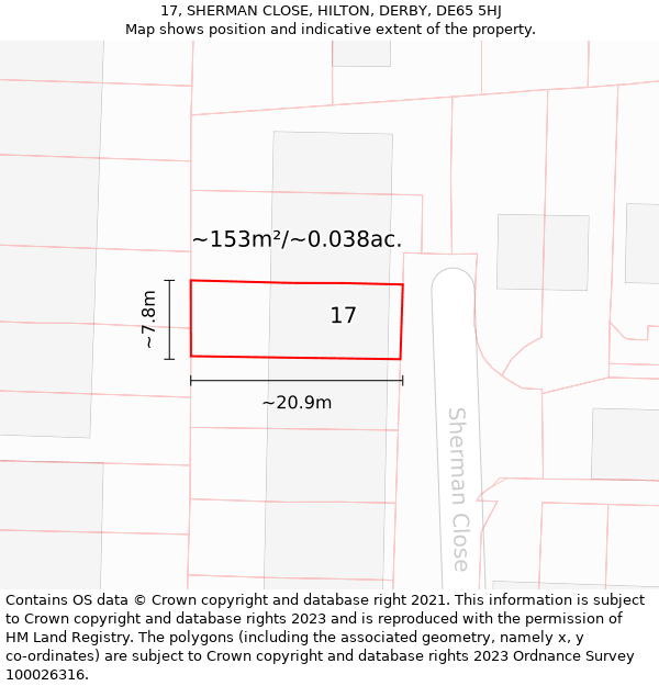 17, SHERMAN CLOSE, HILTON, DERBY, DE65 5HJ: Plot and title map