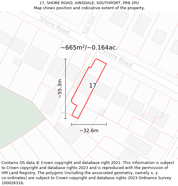 17, SHORE ROAD, AINSDALE, SOUTHPORT, PR8 2PU: Plot and title map
