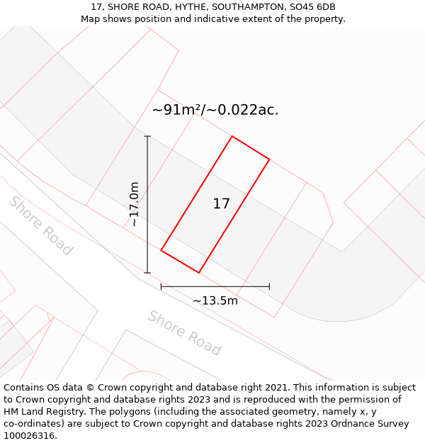 17, SHORE ROAD, HYTHE, SOUTHAMPTON, SO45 6DB: Plot and title map