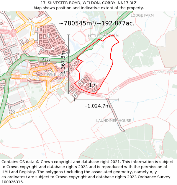 17, SILVESTER ROAD, WELDON, CORBY, NN17 3LZ: Plot and title map