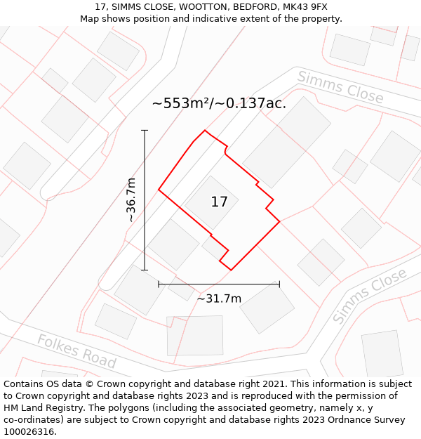 17, SIMMS CLOSE, WOOTTON, BEDFORD, MK43 9FX: Plot and title map