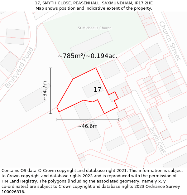 17, SMYTH CLOSE, PEASENHALL, SAXMUNDHAM, IP17 2HE: Plot and title map