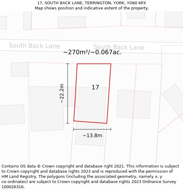 17, SOUTH BACK LANE, TERRINGTON, YORK, YO60 6PX: Plot and title map