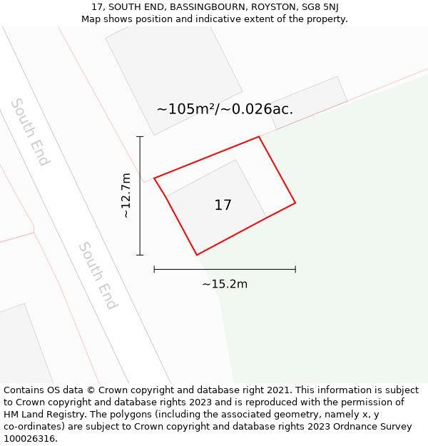 17, SOUTH END, BASSINGBOURN, ROYSTON, SG8 5NJ: Plot and title map