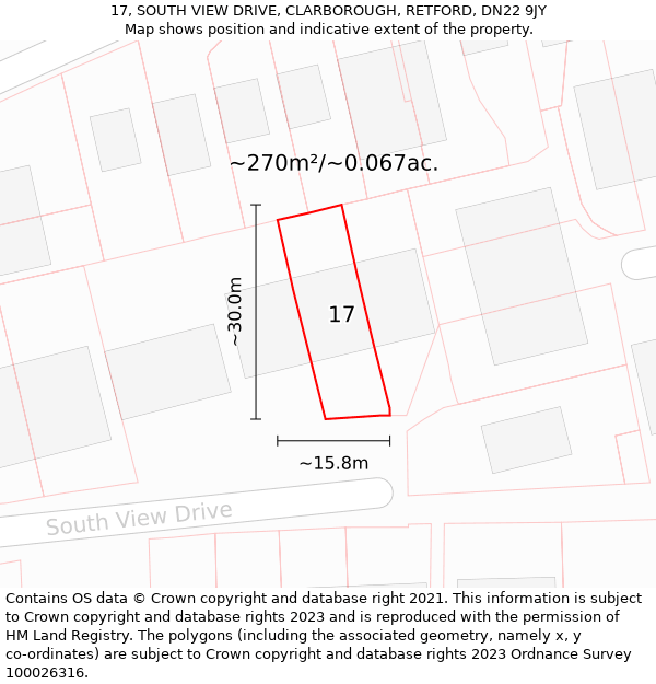 17, SOUTH VIEW DRIVE, CLARBOROUGH, RETFORD, DN22 9JY: Plot and title map