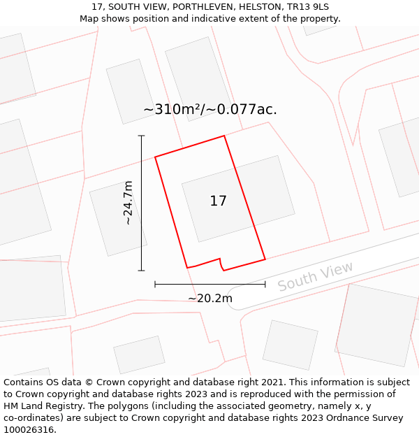 17, SOUTH VIEW, PORTHLEVEN, HELSTON, TR13 9LS: Plot and title map