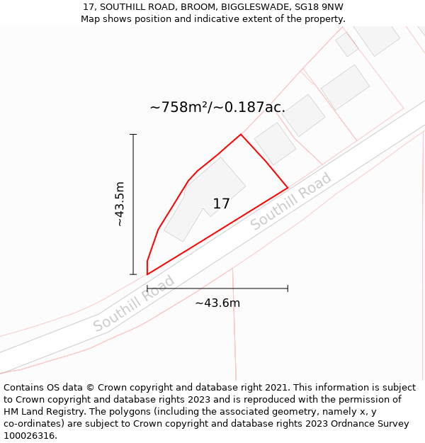 17, SOUTHILL ROAD, BROOM, BIGGLESWADE, SG18 9NW: Plot and title map