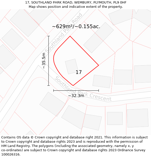 17, SOUTHLAND PARK ROAD, WEMBURY, PLYMOUTH, PL9 0HF: Plot and title map