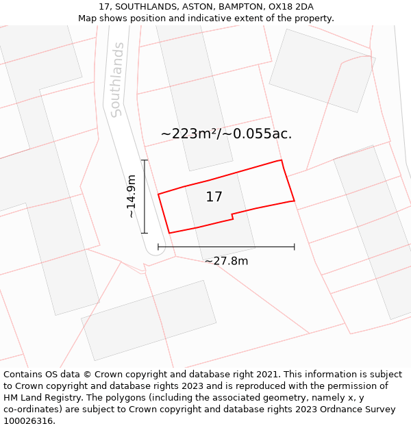 17, SOUTHLANDS, ASTON, BAMPTON, OX18 2DA: Plot and title map