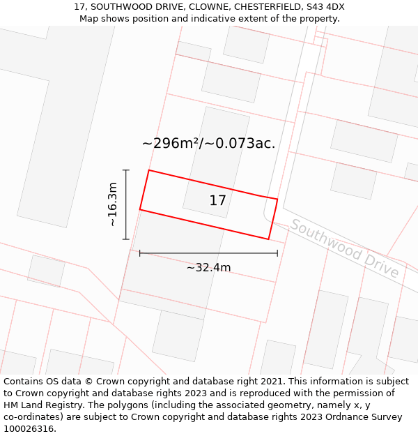 17, SOUTHWOOD DRIVE, CLOWNE, CHESTERFIELD, S43 4DX: Plot and title map