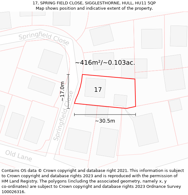 17, SPRING FIELD CLOSE, SIGGLESTHORNE, HULL, HU11 5QP: Plot and title map