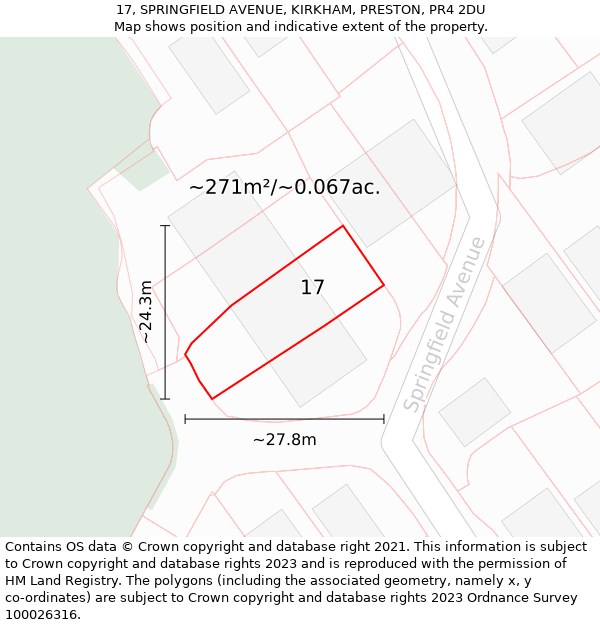 17, SPRINGFIELD AVENUE, KIRKHAM, PRESTON, PR4 2DU: Plot and title map