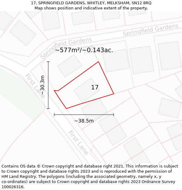 17, SPRINGFIELD GARDENS, WHITLEY, MELKSHAM, SN12 8RQ: Plot and title map