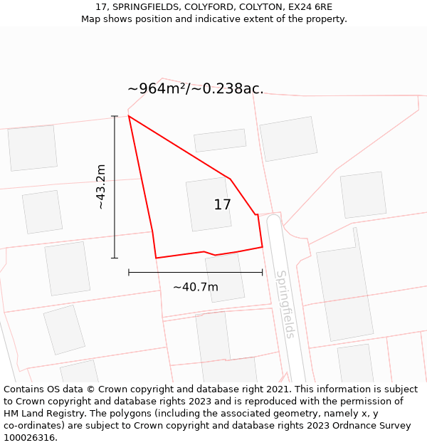 17, SPRINGFIELDS, COLYFORD, COLYTON, EX24 6RE: Plot and title map