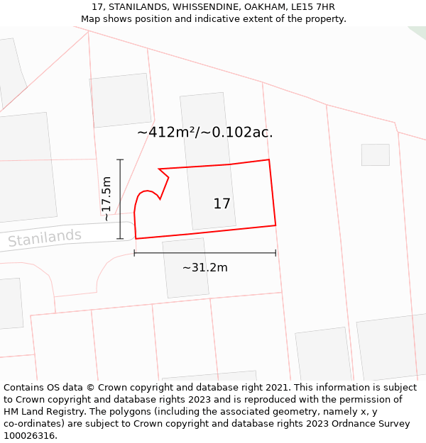 17, STANILANDS, WHISSENDINE, OAKHAM, LE15 7HR: Plot and title map