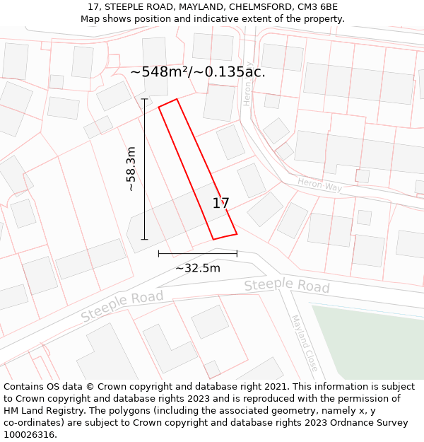 17, STEEPLE ROAD, MAYLAND, CHELMSFORD, CM3 6BE: Plot and title map
