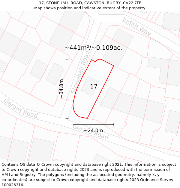17, STONEHALL ROAD, CAWSTON, RUGBY, CV22 7FR: Plot and title map