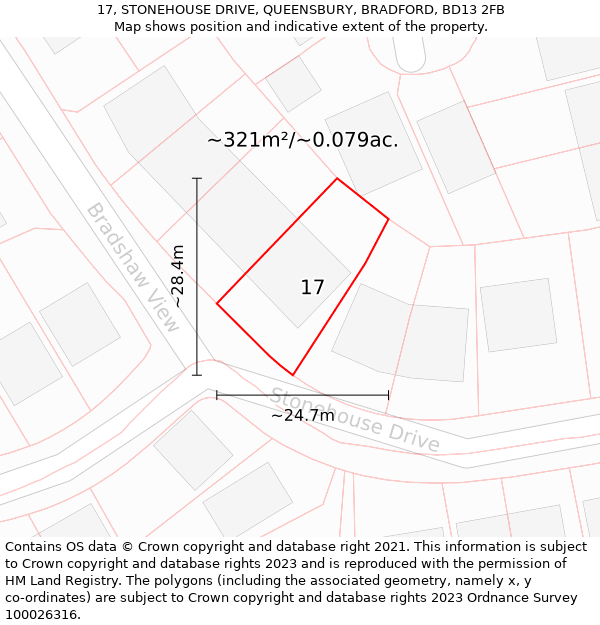 17, STONEHOUSE DRIVE, QUEENSBURY, BRADFORD, BD13 2FB: Plot and title map