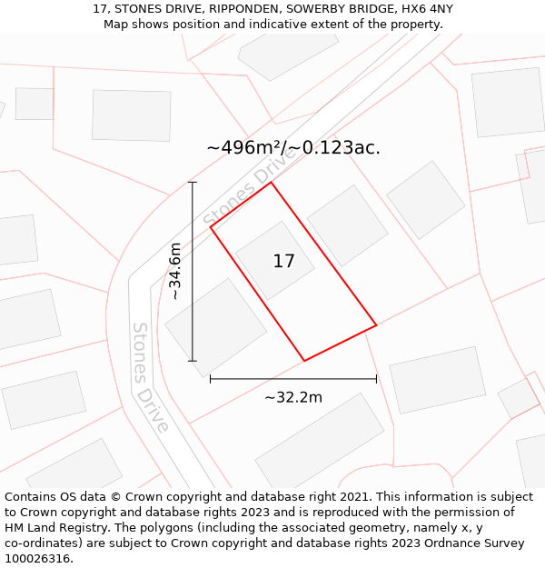 17, STONES DRIVE, RIPPONDEN, SOWERBY BRIDGE, HX6 4NY: Plot and title map