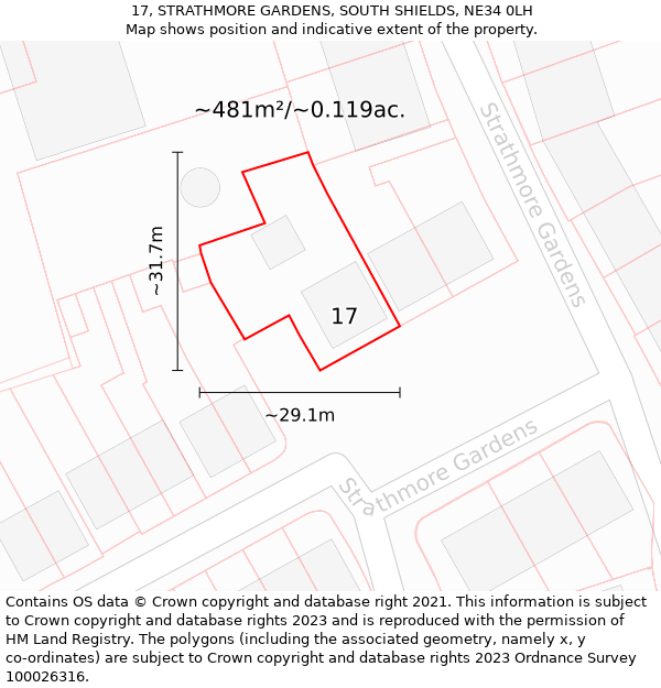 17, STRATHMORE GARDENS, SOUTH SHIELDS, NE34 0LH: Plot and title map