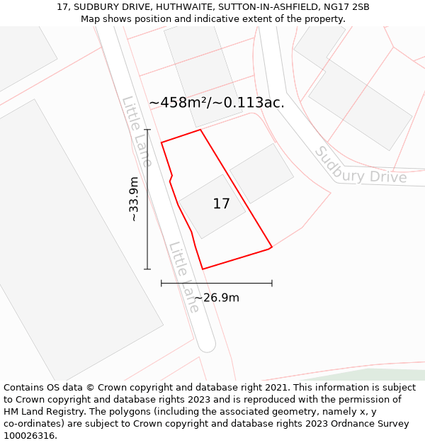 17, SUDBURY DRIVE, HUTHWAITE, SUTTON-IN-ASHFIELD, NG17 2SB: Plot and title map