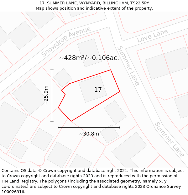 17, SUMMER LANE, WYNYARD, BILLINGHAM, TS22 5PY: Plot and title map