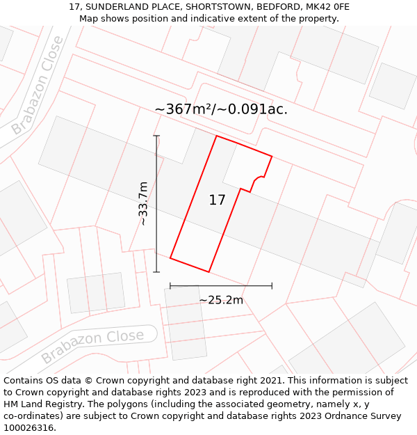 17, SUNDERLAND PLACE, SHORTSTOWN, BEDFORD, MK42 0FE: Plot and title map