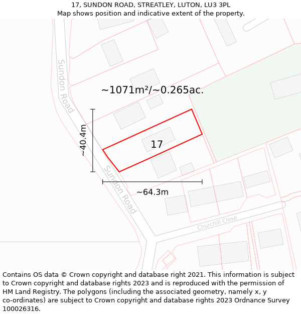 17, SUNDON ROAD, STREATLEY, LUTON, LU3 3PL: Plot and title map